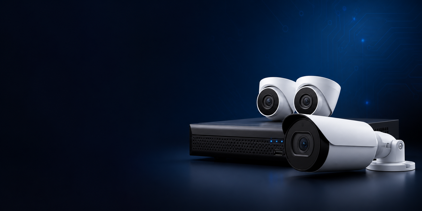 Professional CCTV cameras and NVR on dark navy background
