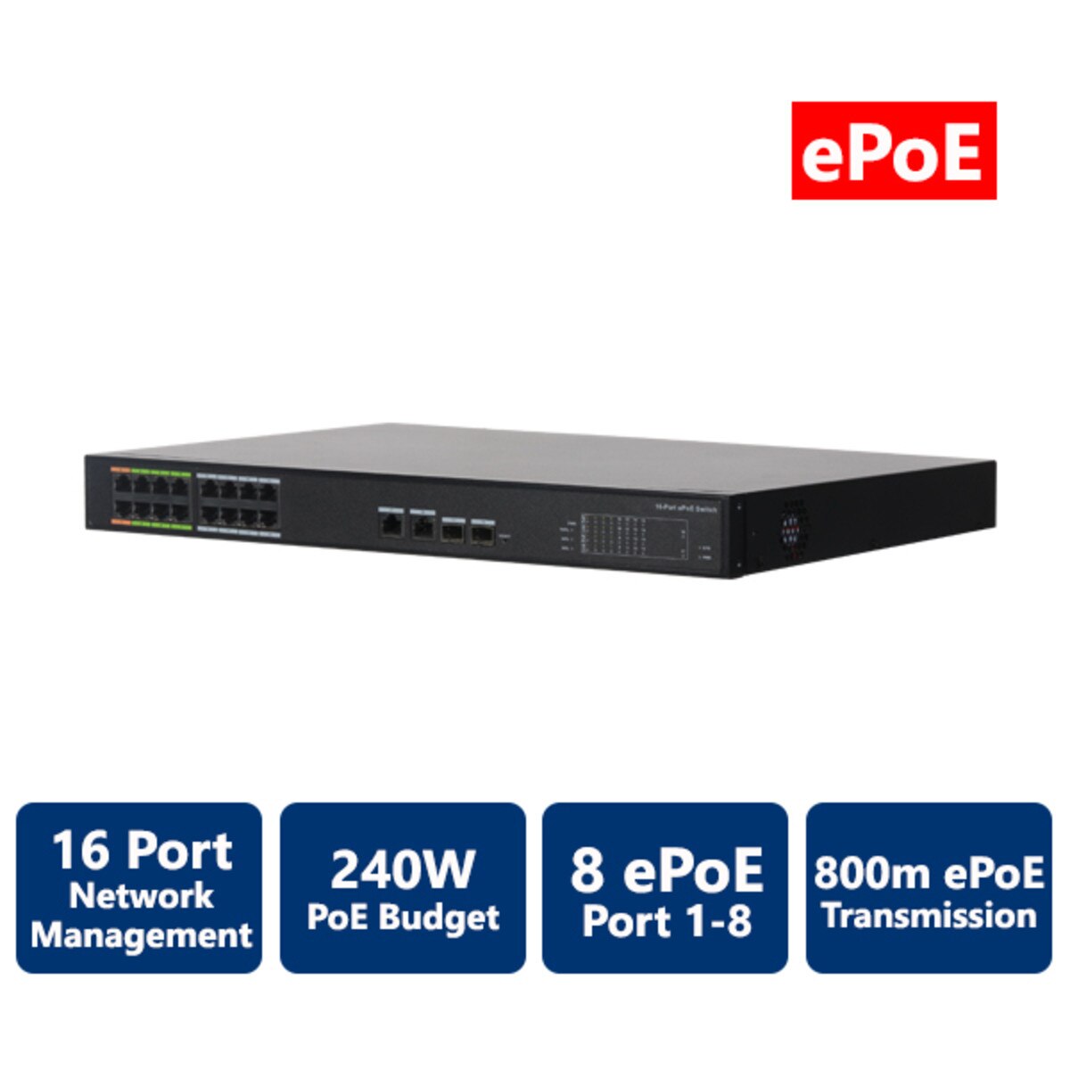 16-Porda PoE Ŝaltilo kun 8-Porda ePoE(ACC-IP-POE2218-16ET-240)