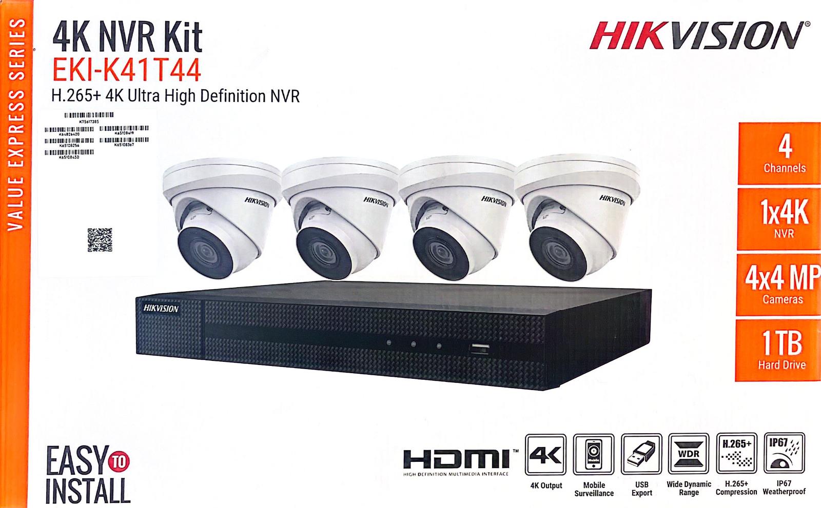 Hikvision IP Security Camera Kit 4 Channel 4K NVR with 4 x 4MP Turret Cameras EKI-K41T44