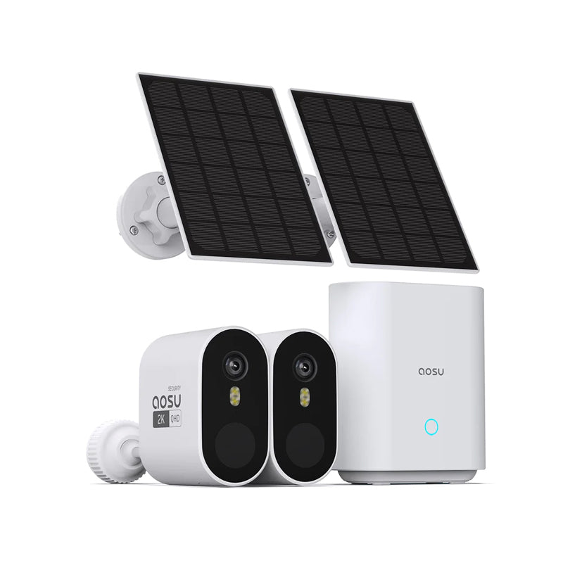 Aosu C7P-2H 3MP 2pcs Solar-Powered  Dual Band Wi-Fi Cameras with Spotlight,166¡ã Wide-angle Lens AI, 2-Way Audio Function and 32GB Local Storage Box