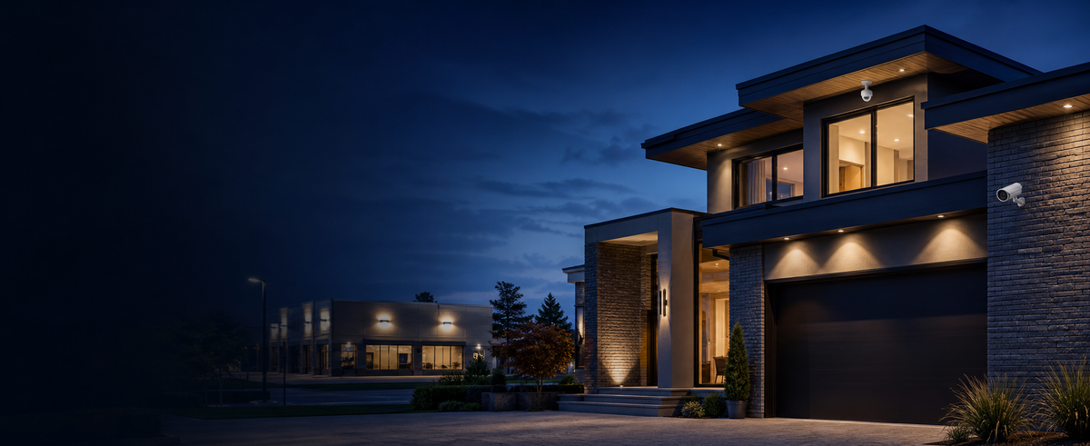 Professionally installed CCTV cameras protecting a modern home and business at dusk1623055262061579c3-0